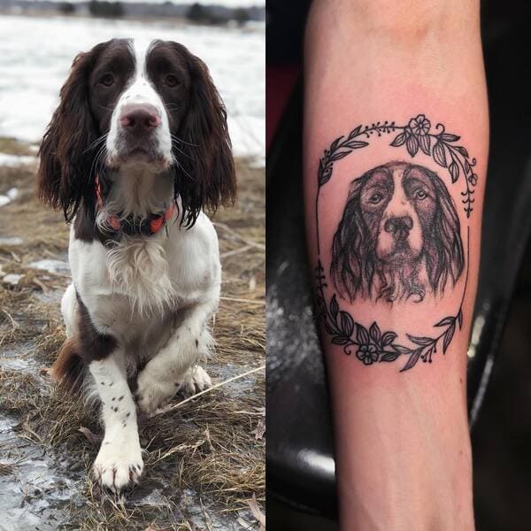 62 Beautiful Remembrance Tattoos for Dogs: A Heartfelt Tribute 9 Ornate circular frame dog portrait memorial tattoo