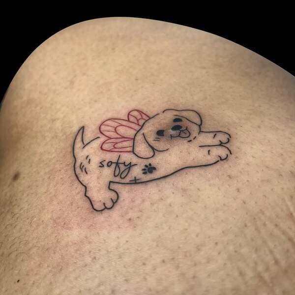 62 Beautiful Remembrance Tattoos for Dogs: A Heartfelt Tribute 46 Whimsical flying dog angel with wings and name Soby memorial tattoo