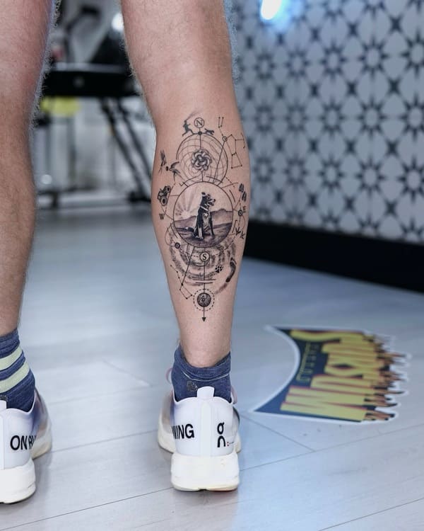 62 Beautiful Remembrance Tattoos for Dogs: A Heartfelt Tribute 63 Geometric compass style dog and owner memorial tattoo on calf