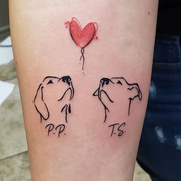 62 Beautiful Remembrance Tattoos for Dogs: A Heartfelt Tribute 16 Twin dog portraits memorial tattoo with red heart balloon and initials P.P. and T.S., minimalist design