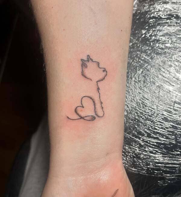 62 Beautiful Remembrance Tattoos for Dogs: A Heartfelt Tribute 26 Tiny dog silhouette with heart tail memorial tattoo on wrist