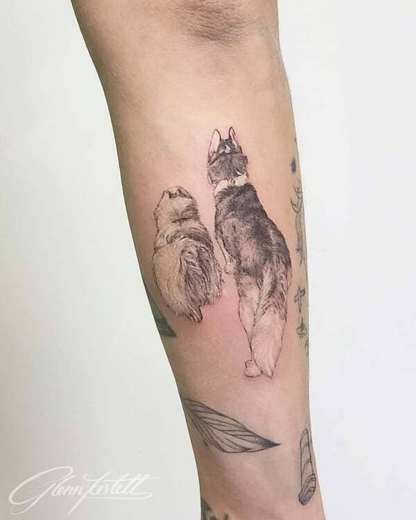 62 Beautiful Remembrance Tattoos for Dogs: A Heartfelt Tribute 5 Side-by-side photo of pet dog with corresponding minimalist tattoo design