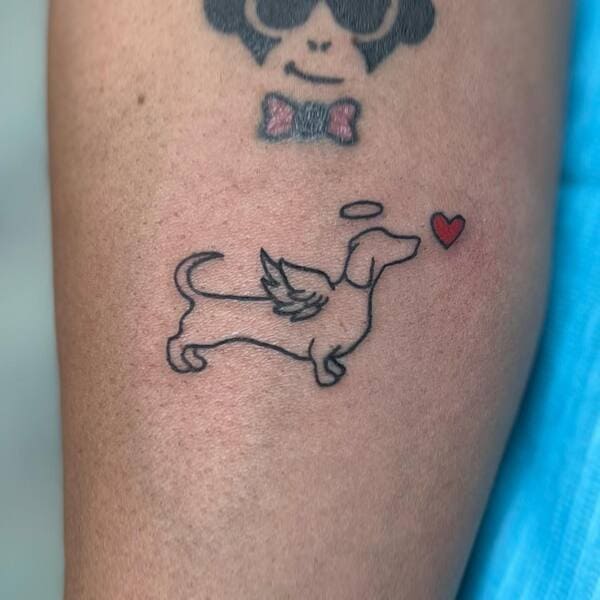62 Beautiful Remembrance Tattoos for Dogs: A Heartfelt Tribute 47 Angel Dachshund line drawing with heart and halo memorial tattoo