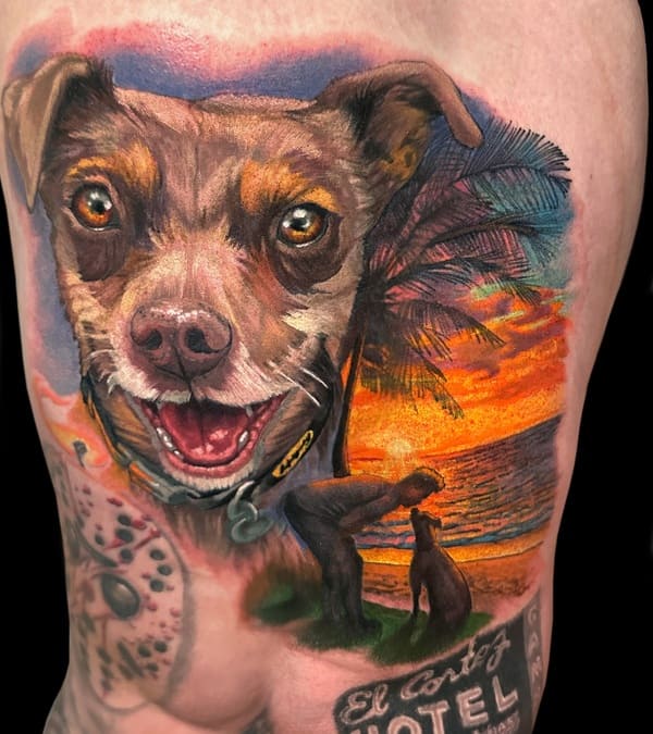 62 Beautiful Remembrance Tattoos for Dogs: A Heartfelt Tribute 18 Colorful dog portrait memorial tattoo with sunset beach scene and palm trees, realistic style with vibrant colors