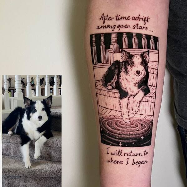 62 Beautiful Remembrance Tattoos for Dogs: A Heartfelt Tribute 14 Border Collie memorial tattoo with photo reference, featuring poetic quote and detailed portrait in black ink