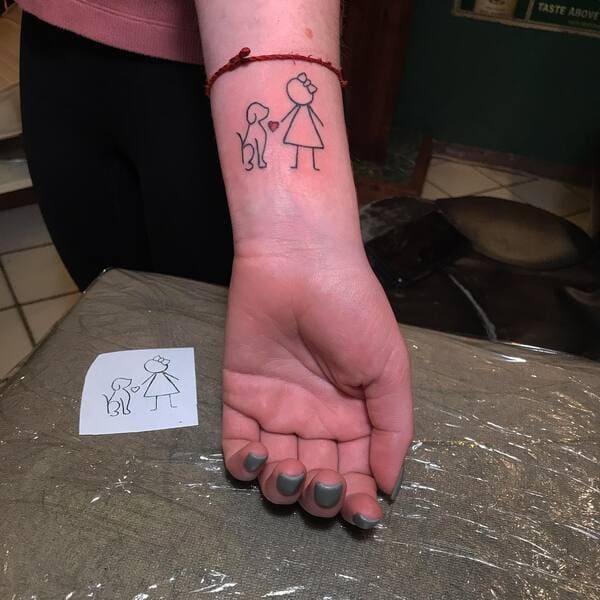 62 Beautiful Remembrance Tattoos for Dogs: A Heartfelt Tribute 27 Custom stick figure girl and dog memorial tattoo with original drawin