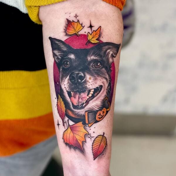 62 Beautiful Remembrance Tattoos for Dogs: A Heartfelt Tribute 10 Portrait of happy dog with color accents tattoo design