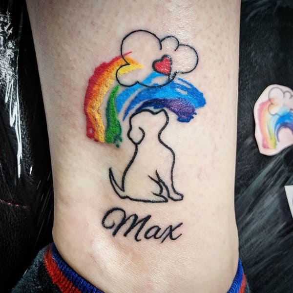 62 Beautiful Remembrance Tattoos for Dogs: A Heartfelt Tribute 56 Dog silhouette with rainbow and clouds memorial tattoo with name Max on ankle