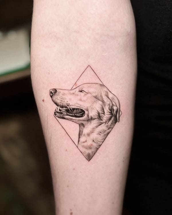 62 Beautiful Remembrance Tattoos for Dogs: A Heartfelt Tribute 17 Realistic dog portrait memorial tattoo in geometric frame, fine detail black and grey style
